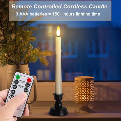 yunsheng Battery Operated LED Window Candles with Remote Timer, 8 Inches Ivory Flameless Taper Flickering Candles, Removable Black Candlesticks and Suction Cups, Holiday, Home Decor, 4 Pack