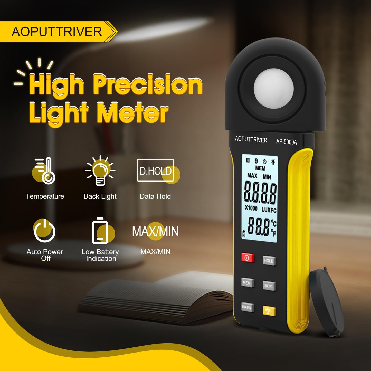 Light Meter Lux Meter Logger,Digital Lumen Tester Measure Range 0.1~400,000 Lux(0.1~40,000 FC) Foot Candle Luxometer with Rotatable Detector, Data Logging for Plant Grow Aquarium (AP-5000A