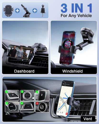 [Ultra-Stable] Car Phone Holder【2026 Strongest Suction & Hook】Cell Phone Mount for Dashboard Windshield Vent,Mobile Stand Base Truck Cradle for iPhone 17 Pro Max 16 15 14 13 12 Samsung S25 S24 Android