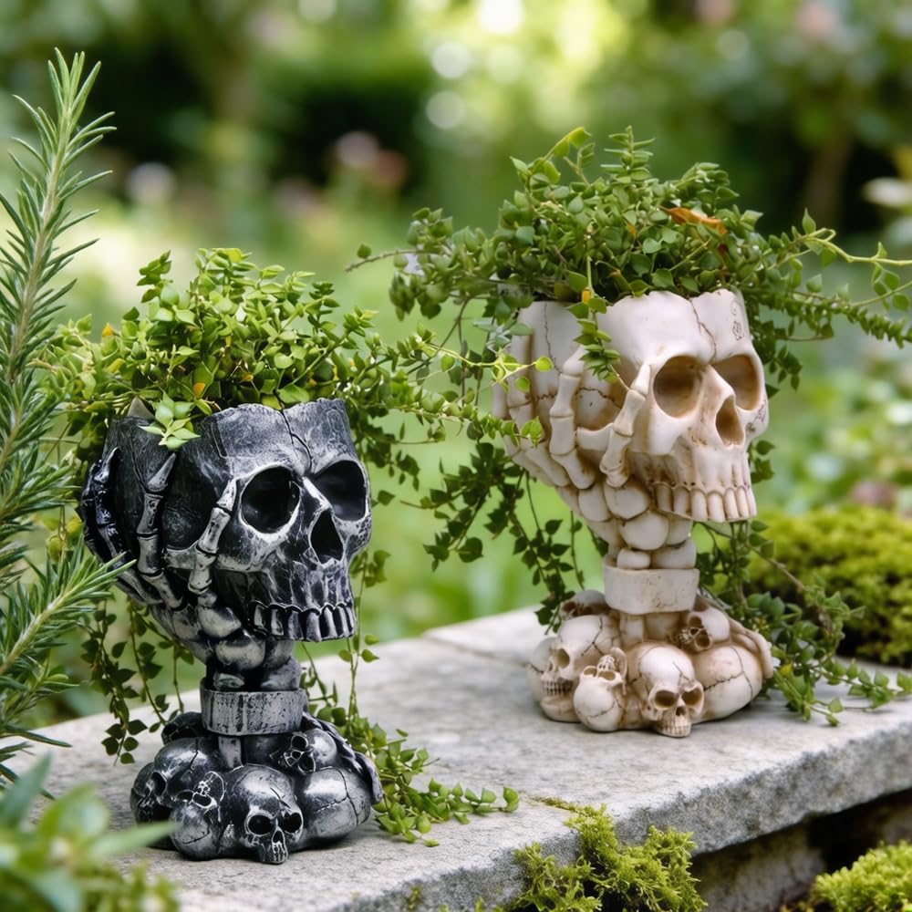 Skull Planter Gothic Home Decor, Cool Planters for Halloween Decorations Indoor/Outdoor Plants, Flower Pots, Plant Pots, Flower Pot, Plant Pot, Unique Statue Vase with Drainage(Tall Black Vases)