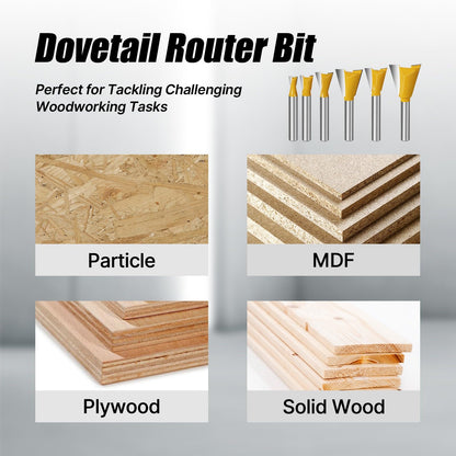 Vearter 6PCS Dovetail Router Bit Set 1/4 Inch Shank, 1/4" 3/8" 1/2" 5/8" 3/4" 7/8'' Dia Carbide Router Bits for Woodworking, Wood Milling Cutter Tool for Making Boxes Drawers Chests, Fine Casework