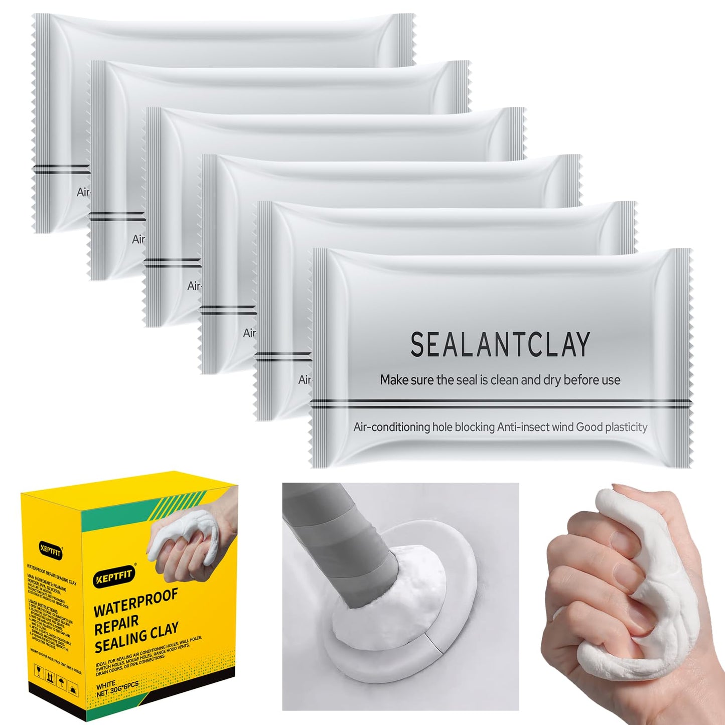 6PCS Super Diamond Mud Seal,New Type Waterproof Sealant Mastic, Waterproof Repair Sealing Clay, Quick Wall Mending Mud for Drain Connection, for Holes and Gaps Wall Filler Air Conditioning Hole