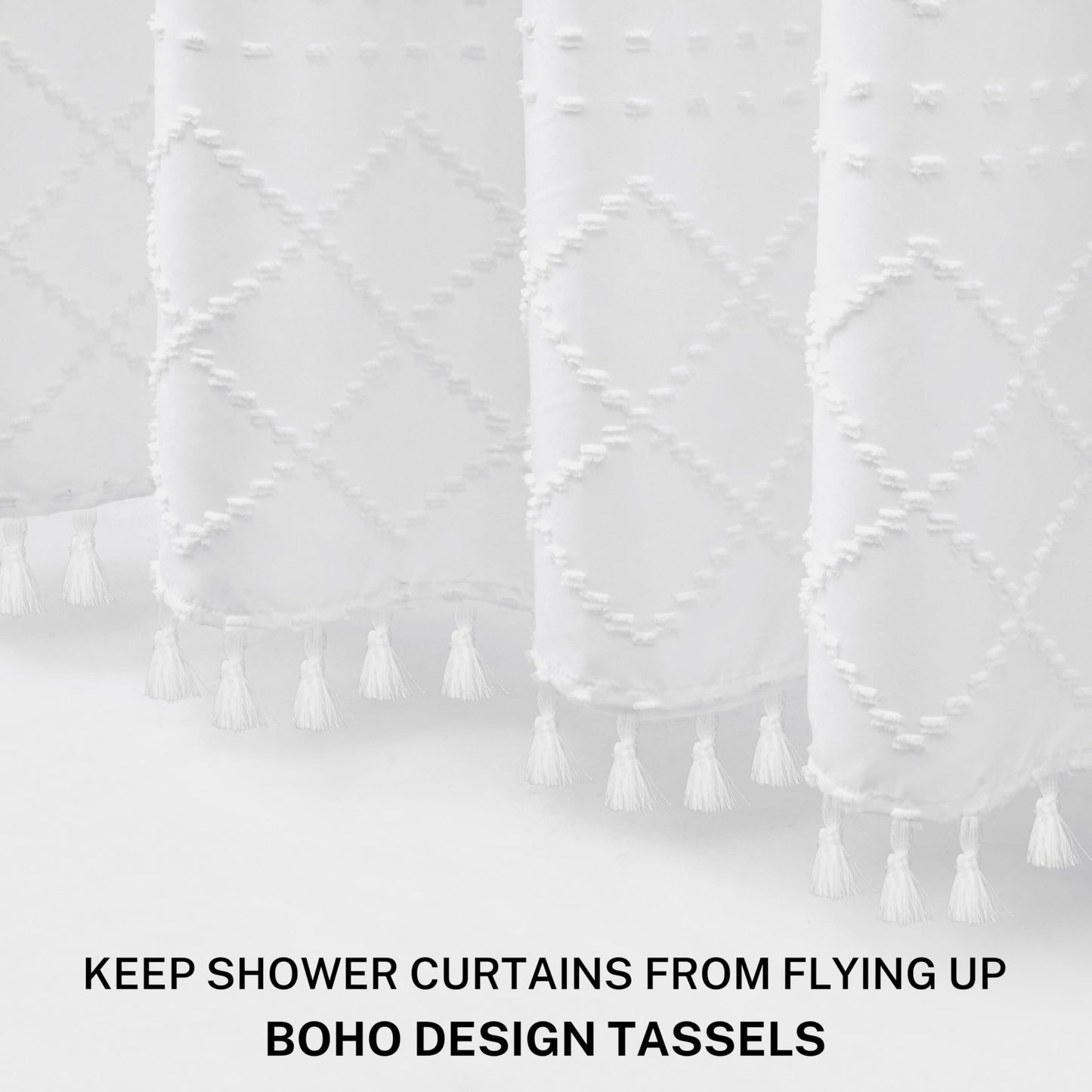 White Boho Shower Curtain Fabric Shower Curtains with Tassel 72 x 72 Modern Textured Shower Curtain Farmhouse Minimalist, Tufted Chevron Striped Shabby Chic, Water Resistant Cloth Curtain for Bathroom