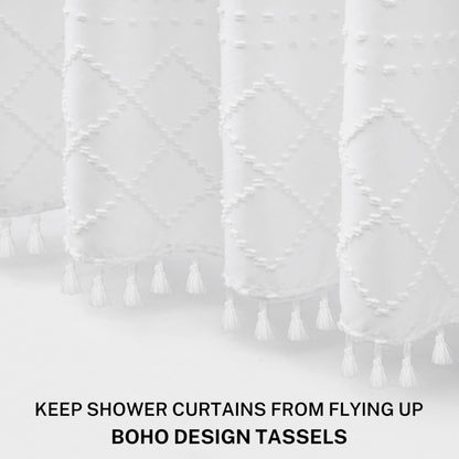 White Boho Shower Curtain Fabric Shower Curtains with Tassel 72 x 72 Modern Textured Shower Curtain Farmhouse Minimalist, Tufted Chevron Striped Shabby Chic, Water Resistant Cloth Curtain for Bathroom