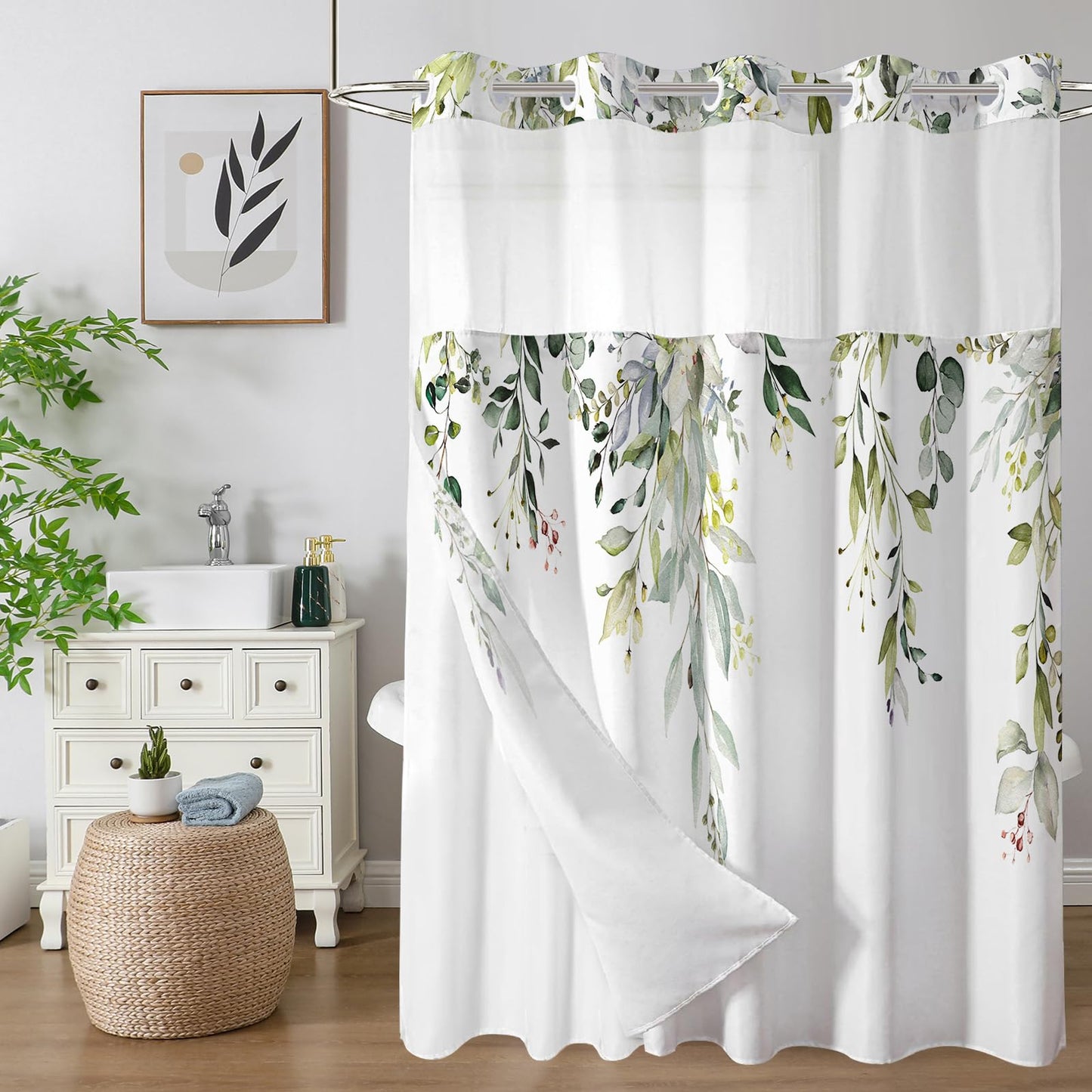 Shellspace No Hook 3 in 1 Shower Curtain with Snap in Liner, Green Leaves Flower Shower Curtain Set with See Through Top Window, Machine Washable Waterproof Polyester Fabric Bath Curtain, 71 x 74 in