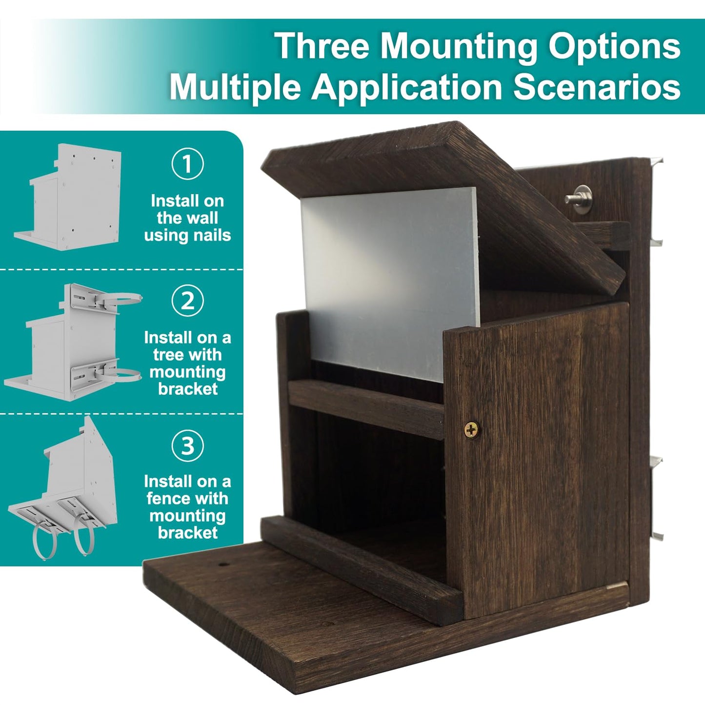 Zeqeey Wooden Squirrel Feeder, Large Capacity, Surface Treatment with Mounting Bracket Compatible with Wall Tree Railing Handrail and Fence