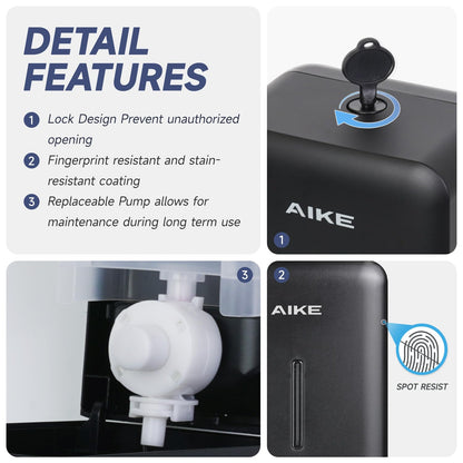 AIKE Wall Mount Liquid Soap Dispenser for Commercial Bathroom 27oz 800ml Large Capacity Manual Push Pump Black