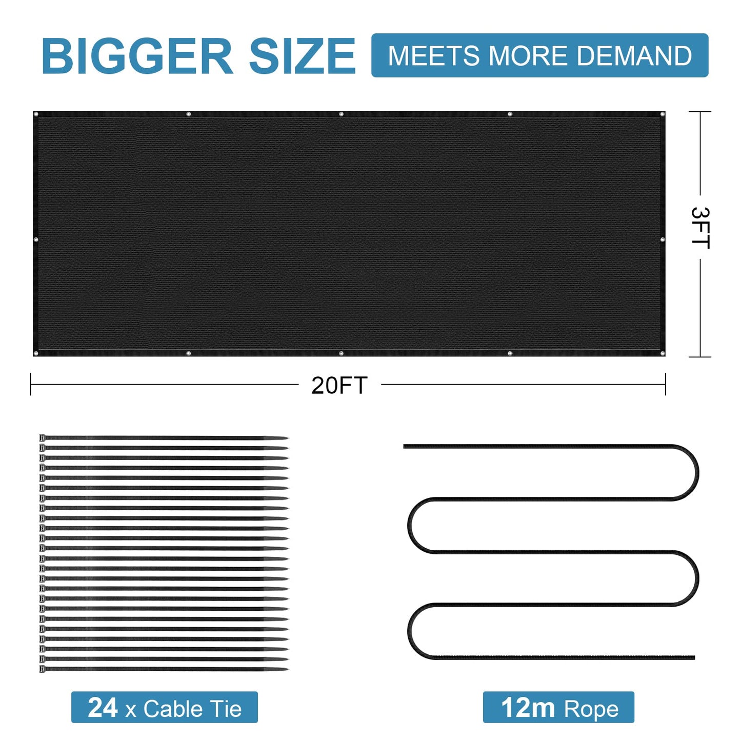 Balcony Privacy Screen 3.0ft x 20ft, Heavy Duty UV Protection Heat Resistant Privacy Curtain for Balcony, Outdoor Privacy Screen with Cable Ties and Rope for Home, Balcony, Garden