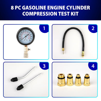 Compression Tester, 8pcs Engine Compression Tester kit Professional Petrol Gas Engine Cylinder Pressure Gauge 0-300 PSI Automotive Tool for Motorcycle Car Truck (red)