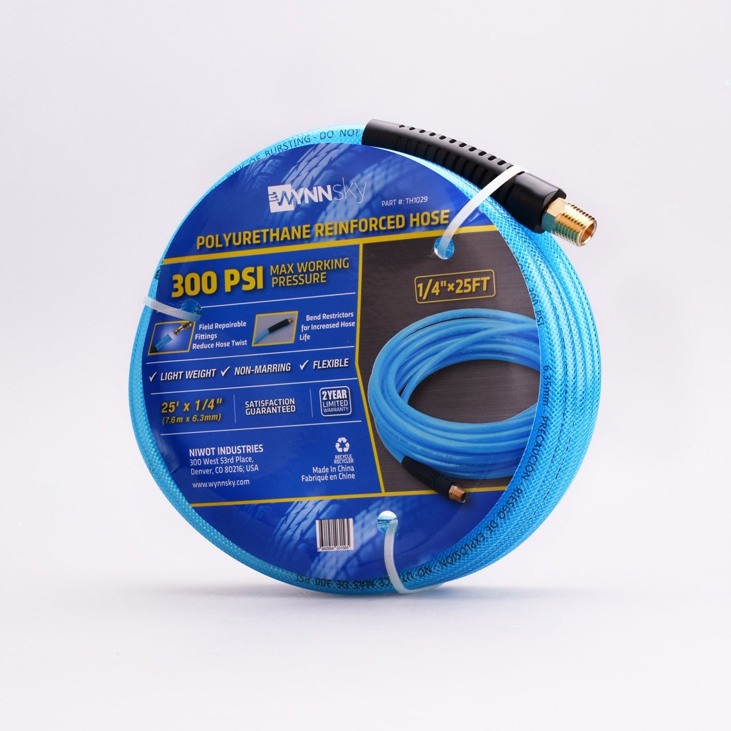 WYNNsky 1/4 inch x 25 feet Reinforced Polyurethane (PU) Air Hose, 300 PSI, Air Compressor PU Hose with 1/4" MNPT Brass Endings