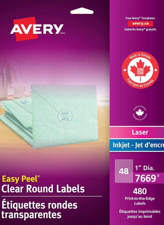 Avery Clear Round Labels, 1" Round Clear Mailing Labels, for Laser/Inkjet Printers, 480 Labels, Edge-to-Edge Print, Permanent, (7669), Made in Canada