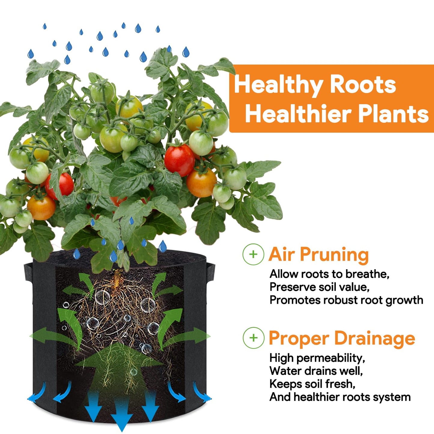 CGLEAM Grow Bags 10 Gallon 5 Pack Large Fabric Pots Heavy Duty 300g Thickened Nonwoven Grow Bags with Handles for Vegetables Fruits Flowers Plants Indoor Outdoor(16" Dia x 12" H)