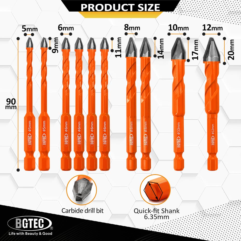 BGTEC High Hardness Skewed Head Eccentric Drill Bits Set-10pcs 5MM*2+6MM*4+8MM*2+10MM+12MM Carbide-Tipped Crooked Drill bit for Wood Plastic Masonry Ceramic Tile Glass Concrete Marble Brick