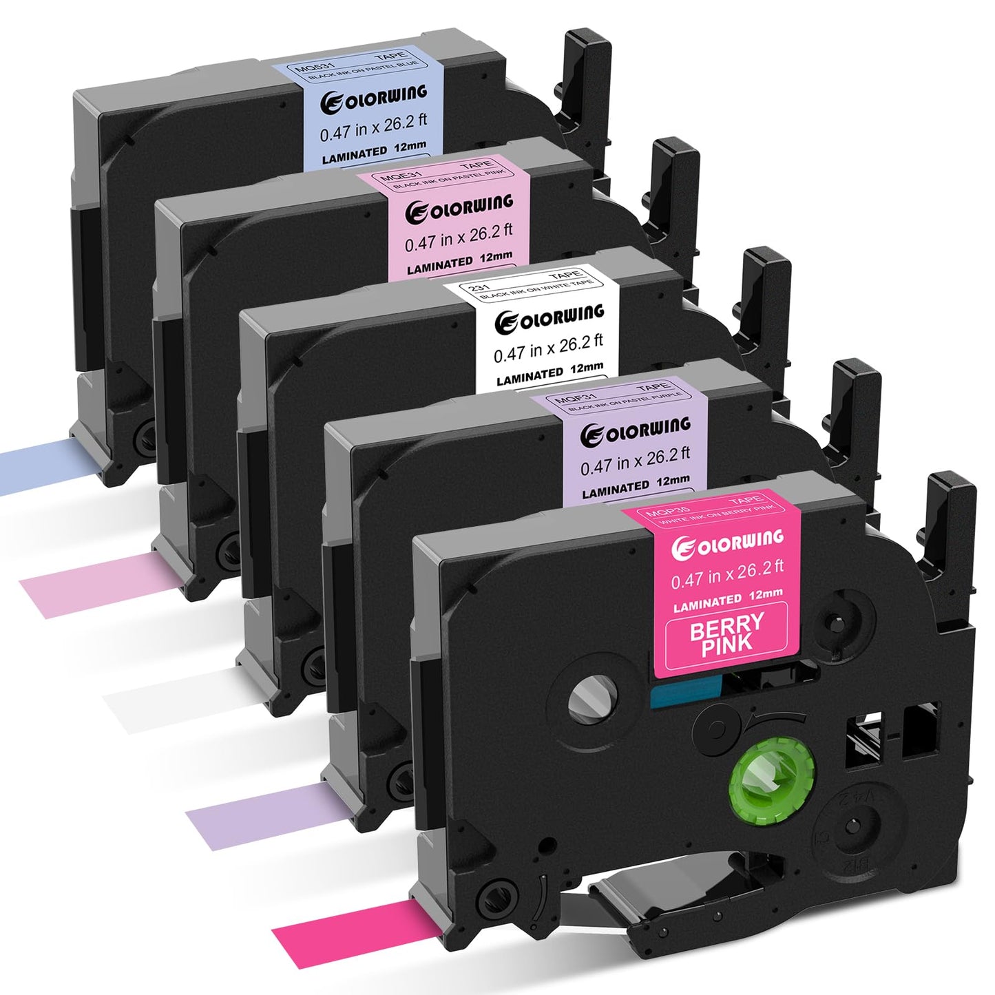 5-Pack Compatible with Brother TZe TZ Tape P Touch Label Tape 12mm 0.47 Laminated Label Maker Tape, for Ptouch PT-D210 PT-H110 PT-D220 PTD610BT D400 D600, White/Berry Pink/Purple/Pink/Blue