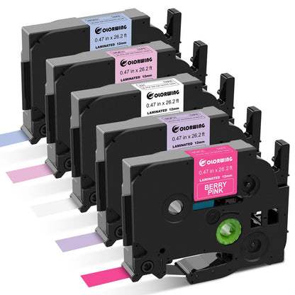 5-Pack Compatible with Brother TZe TZ Tape P Touch Label Tape 12mm 0.47 Laminated Label Maker Tape, for Ptouch PT-D210 PT-H110 PT-D220 PTD610BT D400 D600, White/Berry Pink/Purple/Pink/Blue