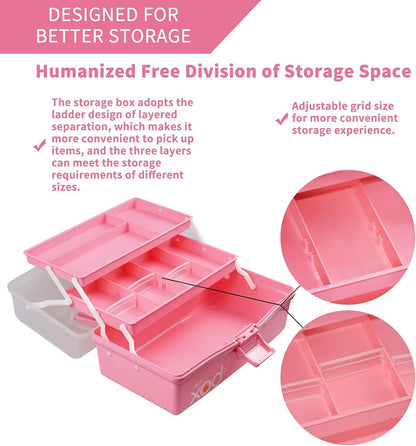 30cm Three-Layer Multipurpose Storage Box Organizer Folding Tool Box/Art & Crafts Case/Sewing Supplies Organizer/Medicine Box/Family First Aid Box with 2 Trays (Pink)