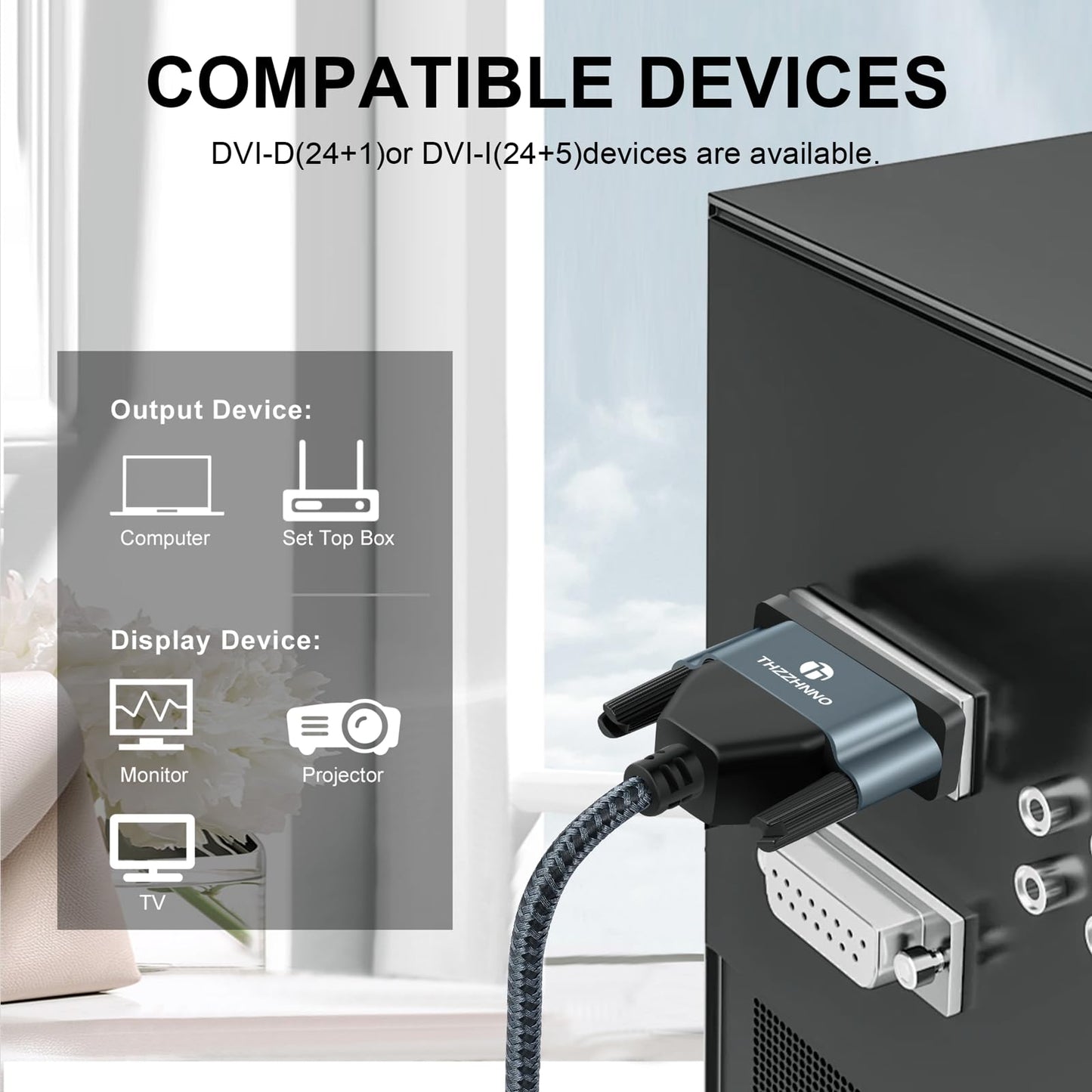 Thzzhnno DVI to DVI Cable 15FT/5M, Gold-Plated & Braided Male DVI-D 24+1 to DVI Cable Support High Resolution 1080P 2560x1600 for Gaming, DVD, Laptop, HDTV