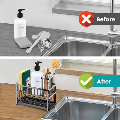 Sinnsally Kitchen Sponge Holder,2 Tier Sink Caddy Organizer with High Brush Holder,Stainless Steel Sink Box Dish Scrubber Holder,Soap Tray for Kitchen Counter Accessories & Storage Rack (Black)