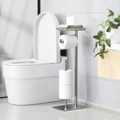 Toilet Paper Holder Stand with Top Storage Shelf, Free Standing Toilet Roll Dispenser for Bathroom, Holds 4 Reserve Rolls