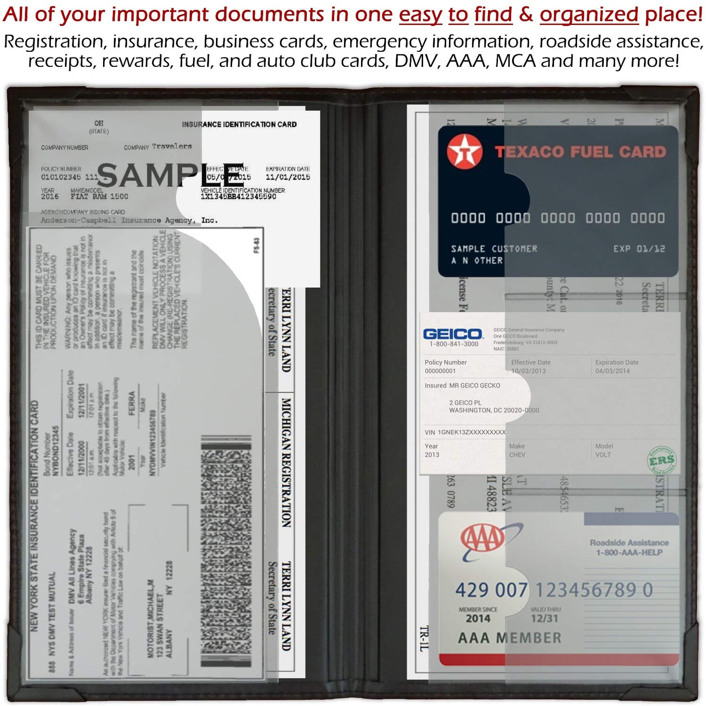 Auto Insurance and Registration Card Holder - Vehicle Glove Box Document Organizer - Car Essential Paperwork Holder for DMV, AAA, Contact Information Cards - Premium PU Leather Wallet Case - Black