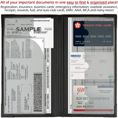 Auto Insurance and Registration Card Holder - Vehicle Glove Box Document Organizer - Car Essential Paperwork Holder for DMV, AAA, Contact Information Cards - Premium PU Leather Wallet Case - Black