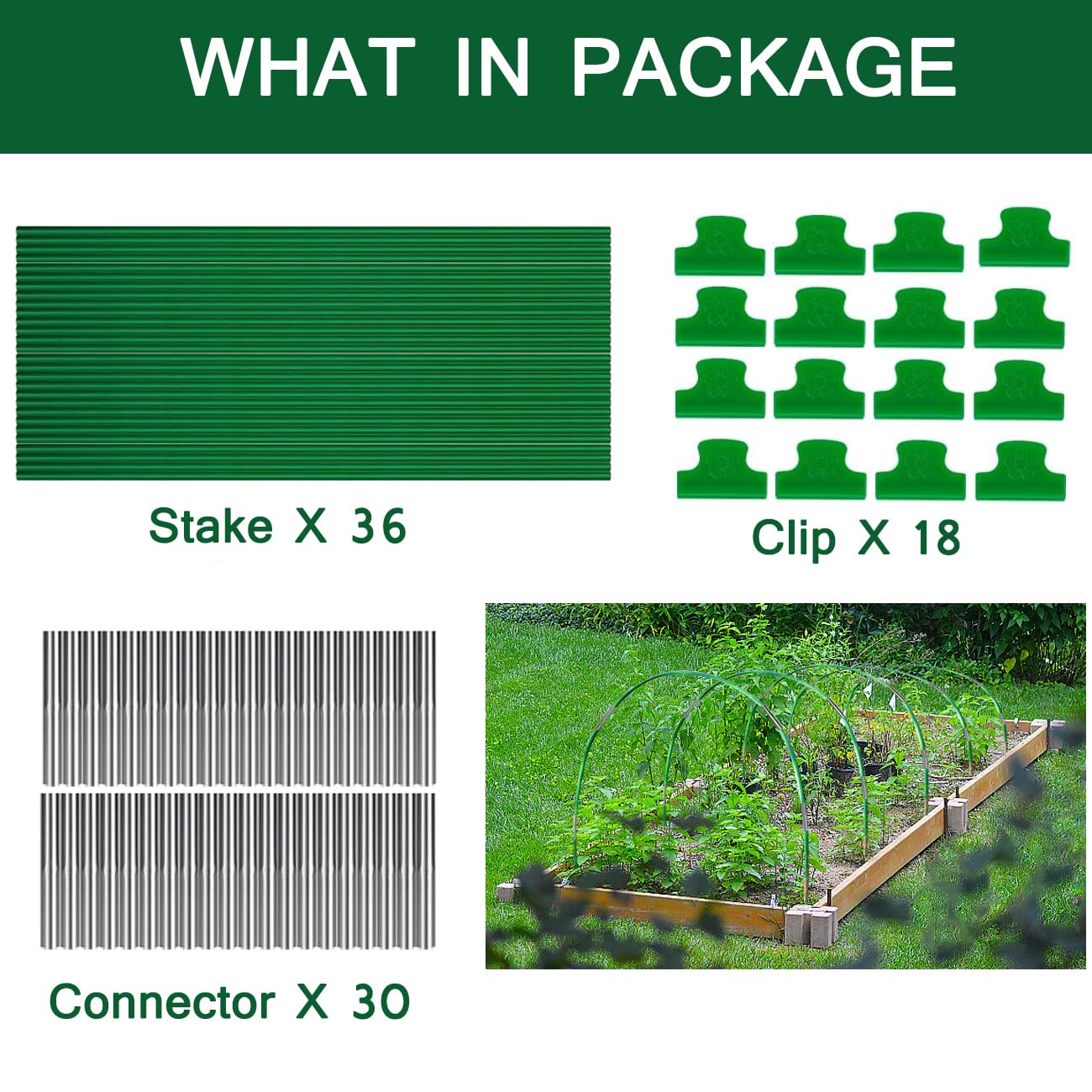 36PCS Greenhouse Hoops Grow Tunnel, 6 Sets of 8FT Long Garden Hoops, DIY Width Grow Tunnel for Raised Beds, Fiberglass Garden Hoops Kit, Rust-Free Garden Tunnel for Garden Fabric,Garden Hoops