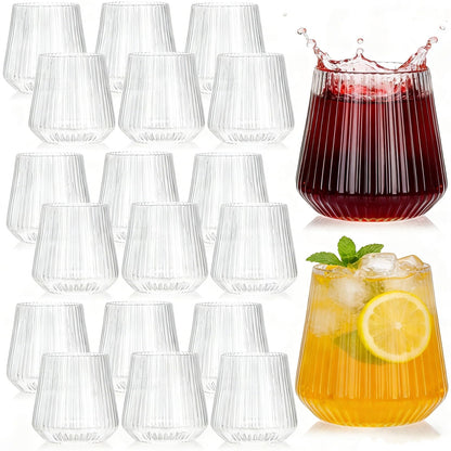 Tebery 20 Pack Plastic Ribbed Wine Glasses, 12 Oz Unbreakable Stemless Cocktail Cups for Party, Reusable Origami Style Ridged Drinking Tumbler for Champagne Catering Wedding Picnic Bar
