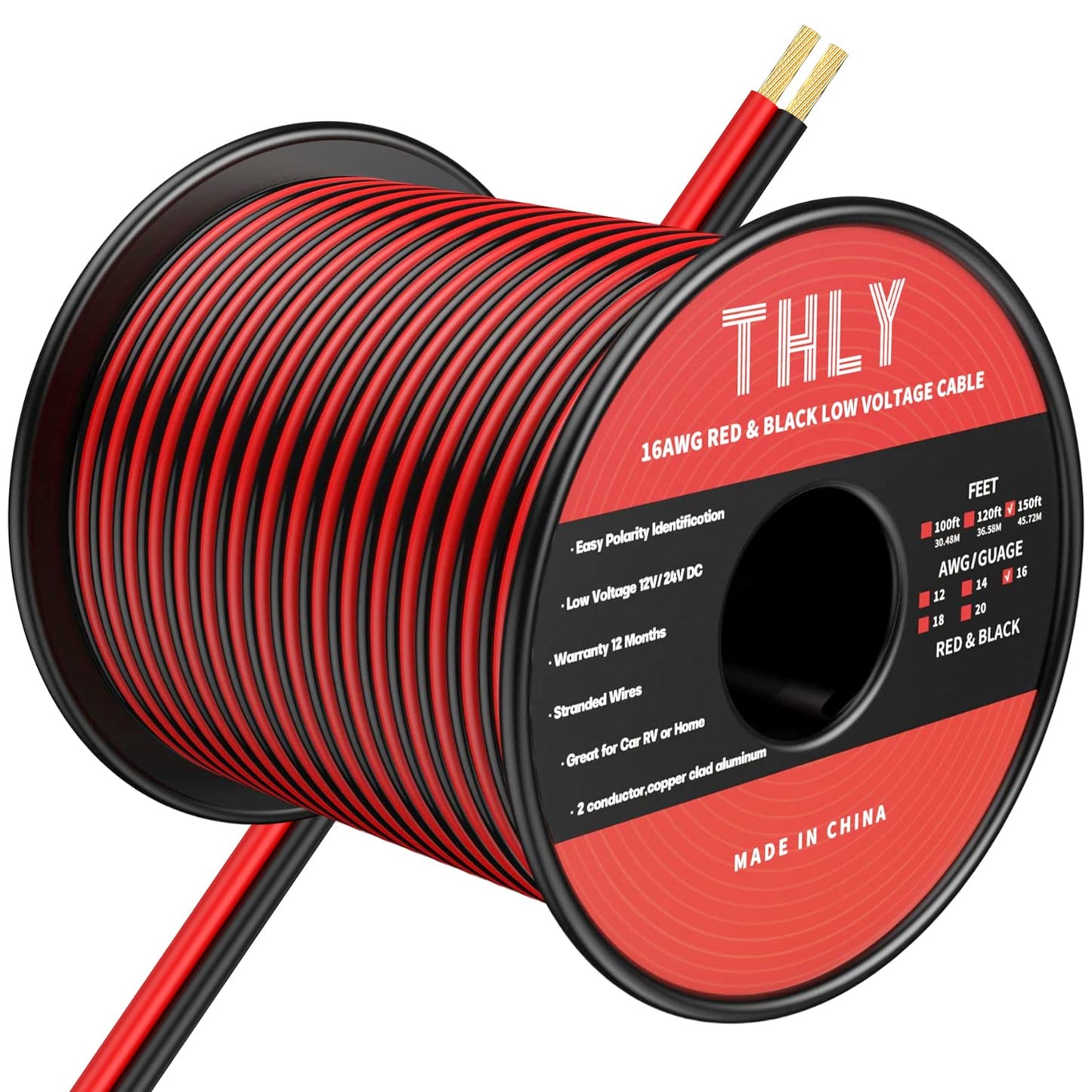 THLY 16 Gauge Wire 150FT, 2 Conductor Red & Black Electrical Cable, 12V Low Voltage Automotive Wire for LED Light, Speaker, Car, Marine, Ship, Solar, Battery