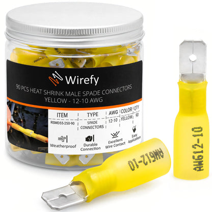 90 PCS Wirefy Male Spade Connectors - Heat Shrink Spade Connector Kit - Quick Disconnect Wire Connectors - Electrical Spade Terminals - Yellow 12-10 Gauge