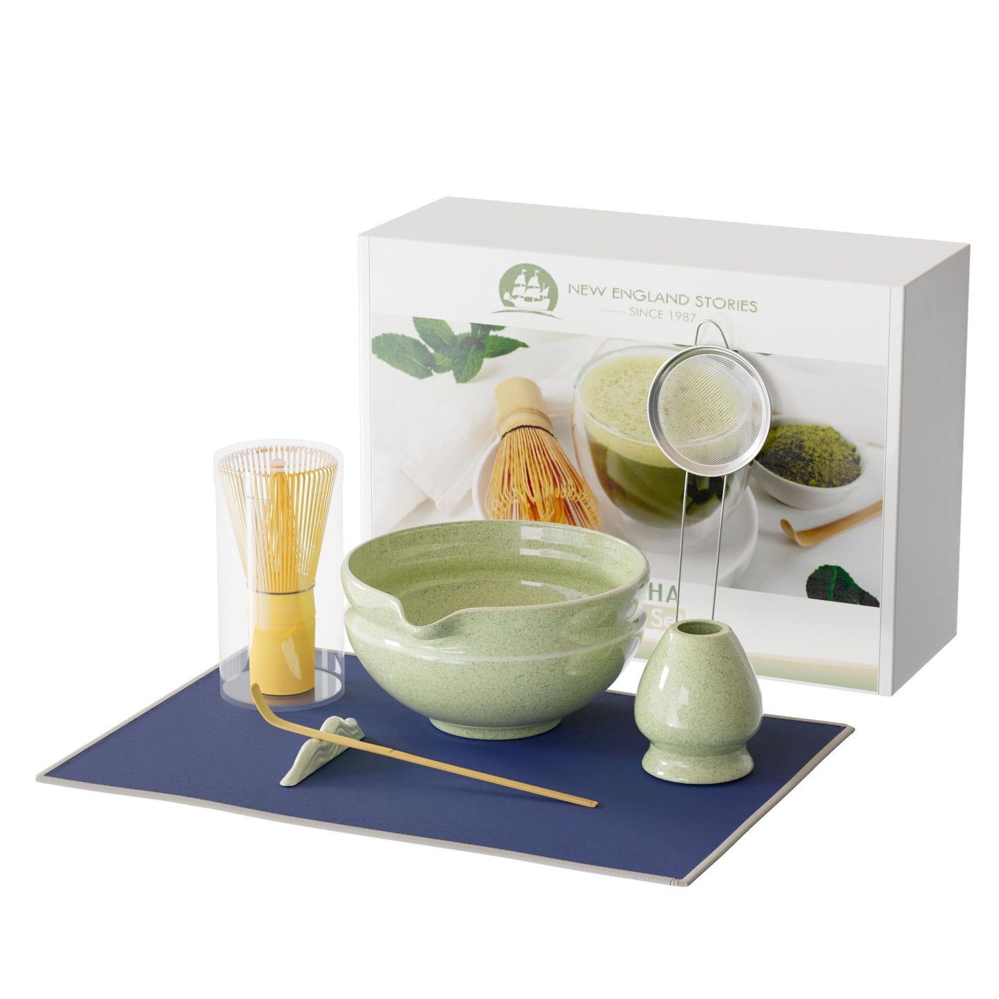 7 Pcs Matcha Whisk Set, Perfect Matcha Kit for Matcha Lovers Includes Ceramic Bowl, Bamboo Whisk, Holder, Scoop, Sifter & Cloth