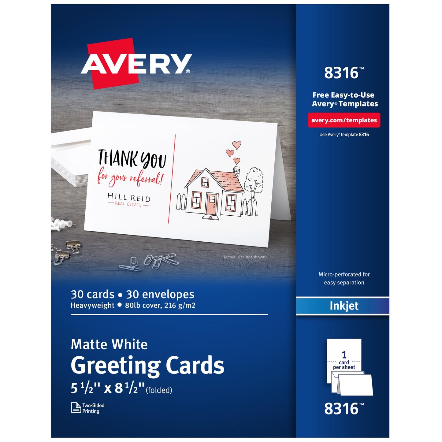 Avery Half-Fold Greeting Cards for Inkjet Printers, 5.5 x 8.5 Inches, White, Box of 30 (8316)