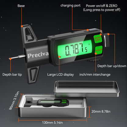 Preciva Rechargeable Tire Tread Depth Gauge, Touch Screen Digital Tire Depth Gauge with Lighting, in/MM/F Conversion, IP54 Waterproof, Auto Power Off, for Tread Depth, Brake Shoe and Pad Wear