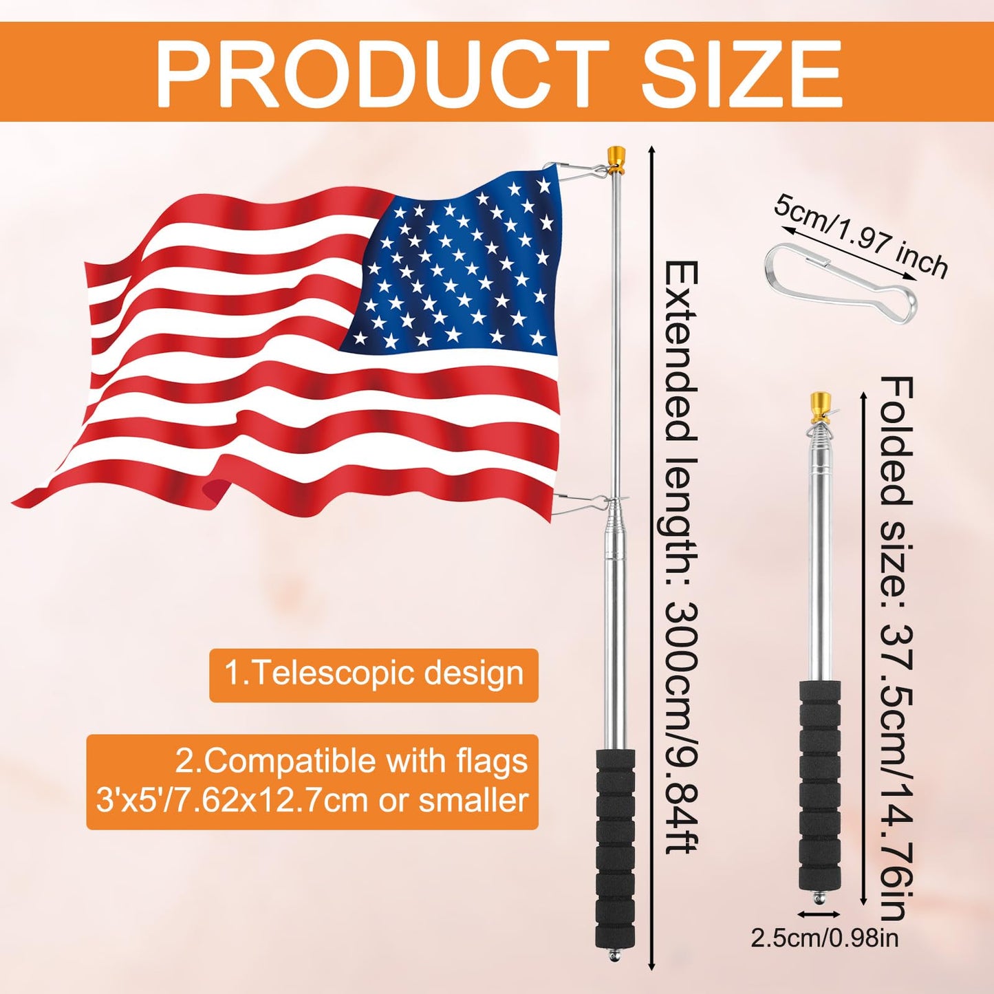 2pcs 9.84ft Telescopic Handheld Flagpoles with Clips, Stainless Steel Telescopic Banner Pole Portable Tour Guide Flag Pole Pointer Stick for Teacher (Black)