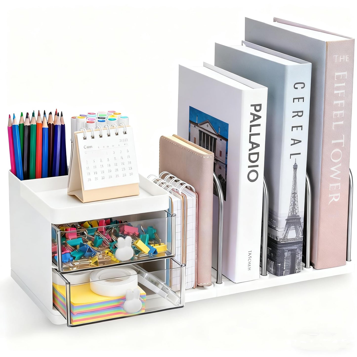 Desk Organiser with File Holder & Drawers, Versatile Desk Tidy Stationery Storage Pen Holder, Large Capacity Desktop Organizer for School Office Home (White)