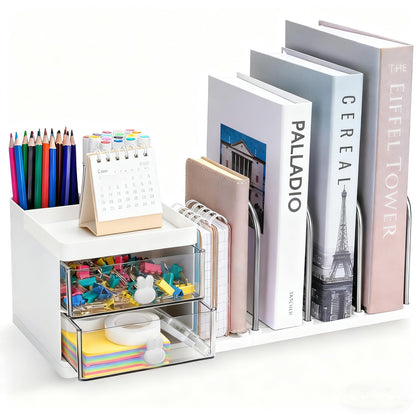 Desk Organiser with File Holder & Drawers, Versatile Desk Tidy Stationery Storage Pen Holder, Large Capacity Desktop Organizer for School Office Home (White)
