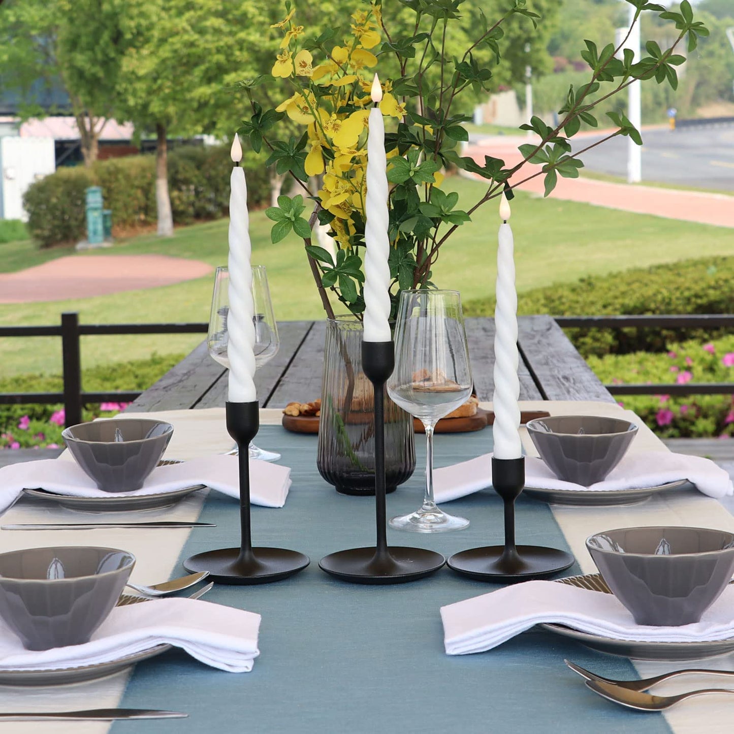 Rhytsing Set of 4 White Flameless Twist Taper Candles 9.65'' with Timer, Battery Powered Spiral Table Dinner Wedding Candles, Warm White Light, Remote & Batteries Included
