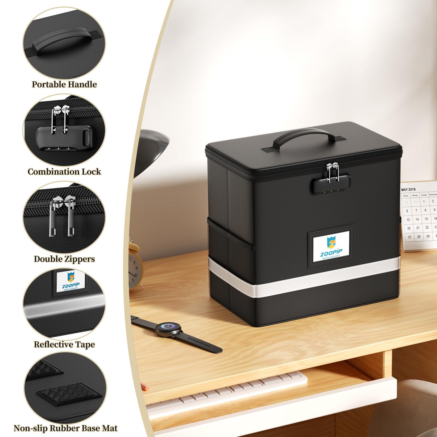 ZOOPIP Fireproof File Box with Lock, Document Box Storage Organizer, Suitable for Hanging File Folders in Letter Size, Collapsible File Box, Reflective Strip for Fast Find (Small, Black)