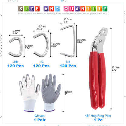 Glarks 362Pcs Hog Ring Pliers Kit with 360Pcs Steel Rings (1/2'' 3/4'' 3/8'') and Anti-Cutting Gloves for Upholstery, Fencing, DIY Craft, Furniture and More