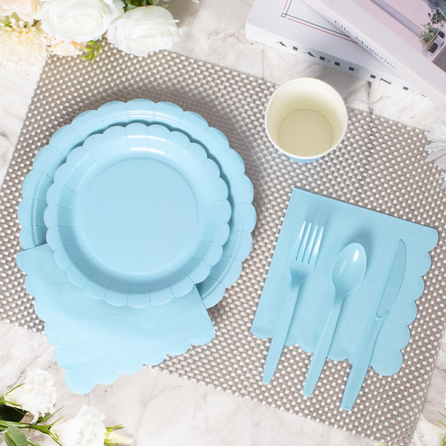 Vyntra 175 PCS Disposable Paper Plates & Napkins Set, Light Blue Party Dinnerware – Baby Shower, Birthday, Gender Reveal