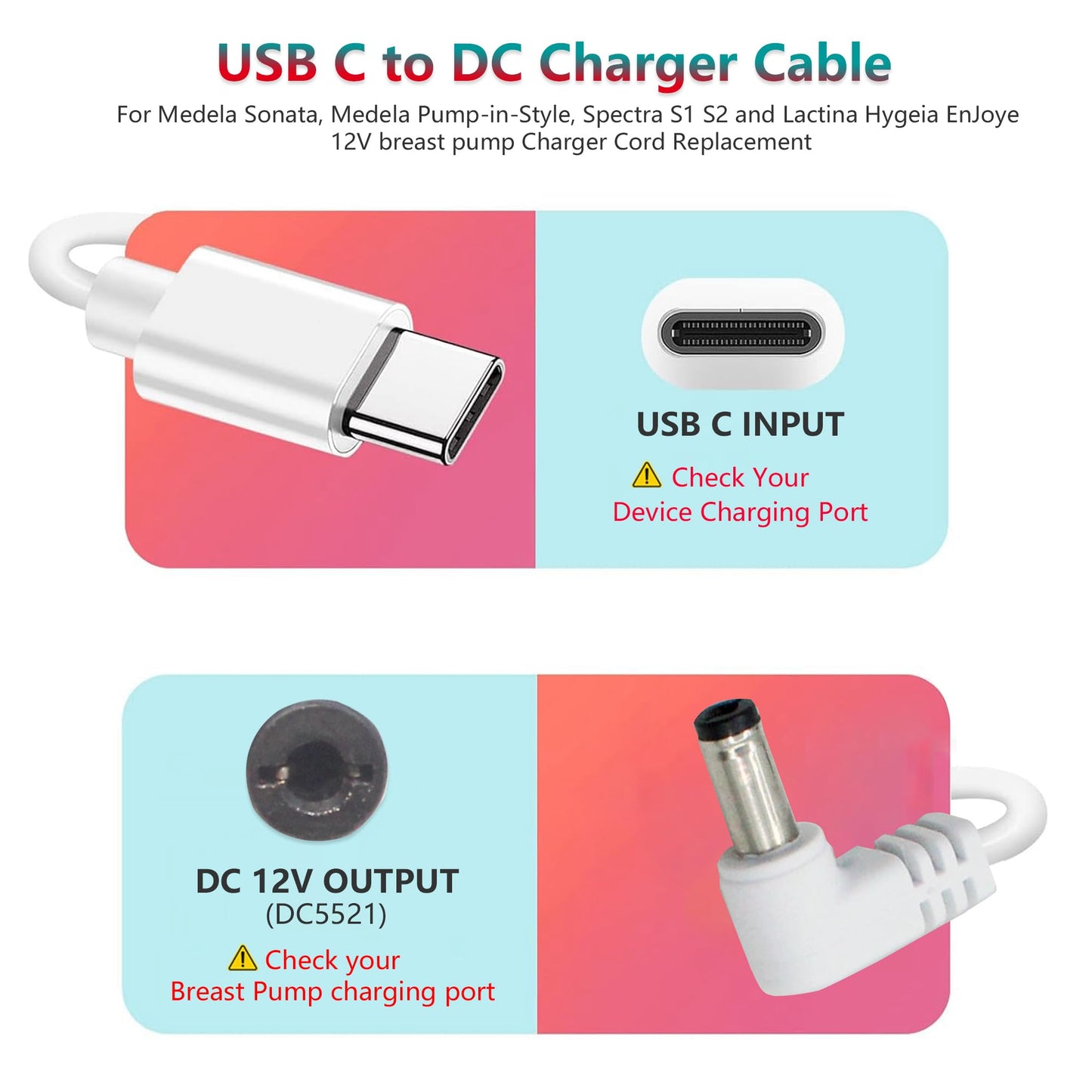 Wamlet USB C Charger for Medela Sonata, Pump-in-Style, Spectra S1 S2, Ameda, Lactina Hygeia - 6.6ft AC Charger Cable
