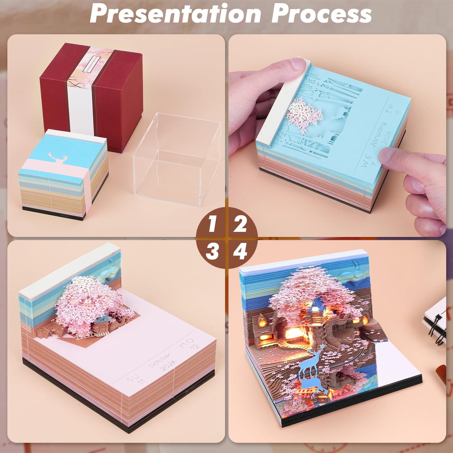3D Calendar 2026 Memo Pad Time Piece Calendar Elk Sakura Tree House Paper Art Notepad Carving Gift Desk Decor, Art Desk Calendar DIY Notes with LED Lights/Case, Craft Sculpture Home Office Decoration
