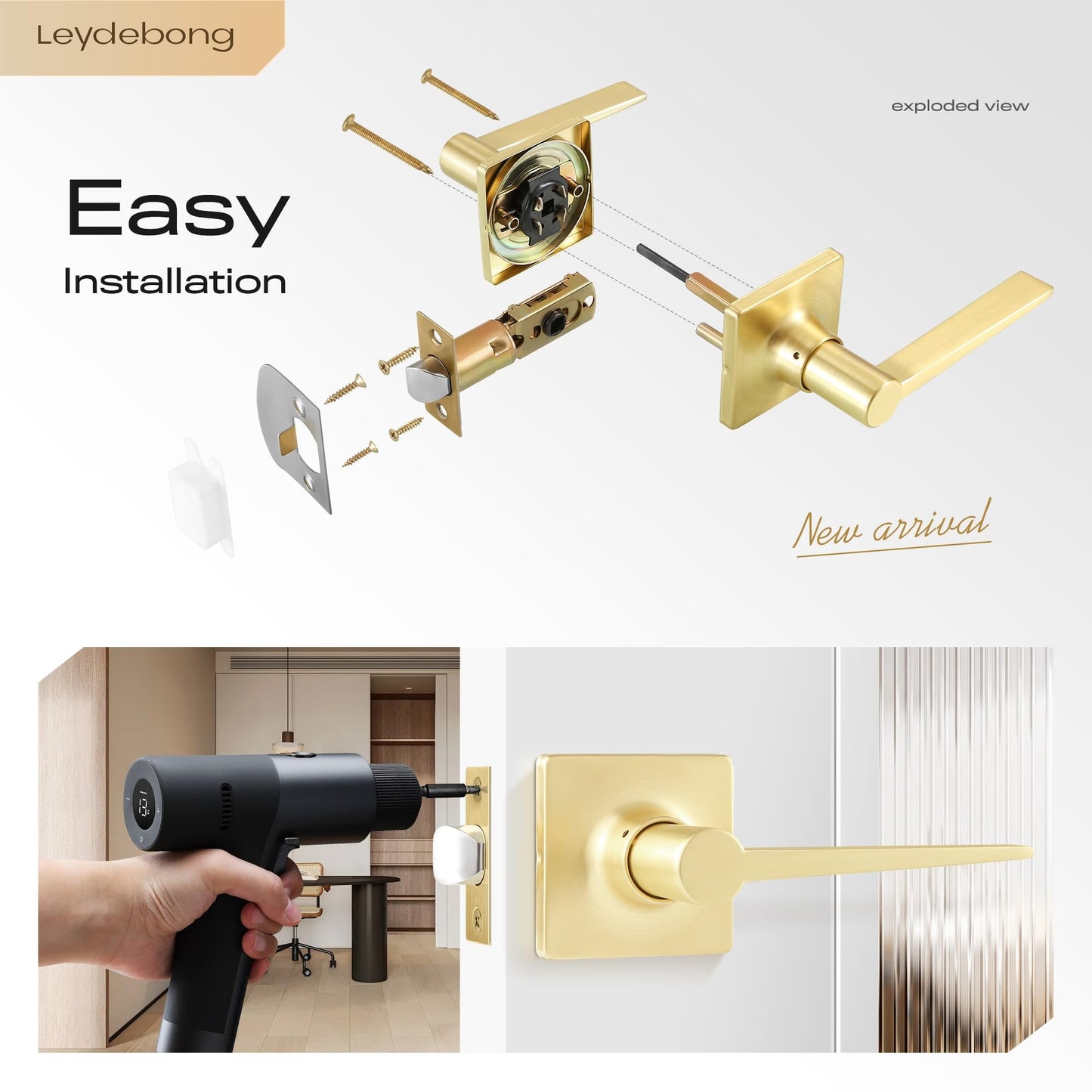 Leydebong 1 Pack Gold Door Lever Modern Brushed Door Knobs Keyless Hallway Closet Passage Door Levers for Interior Door Use