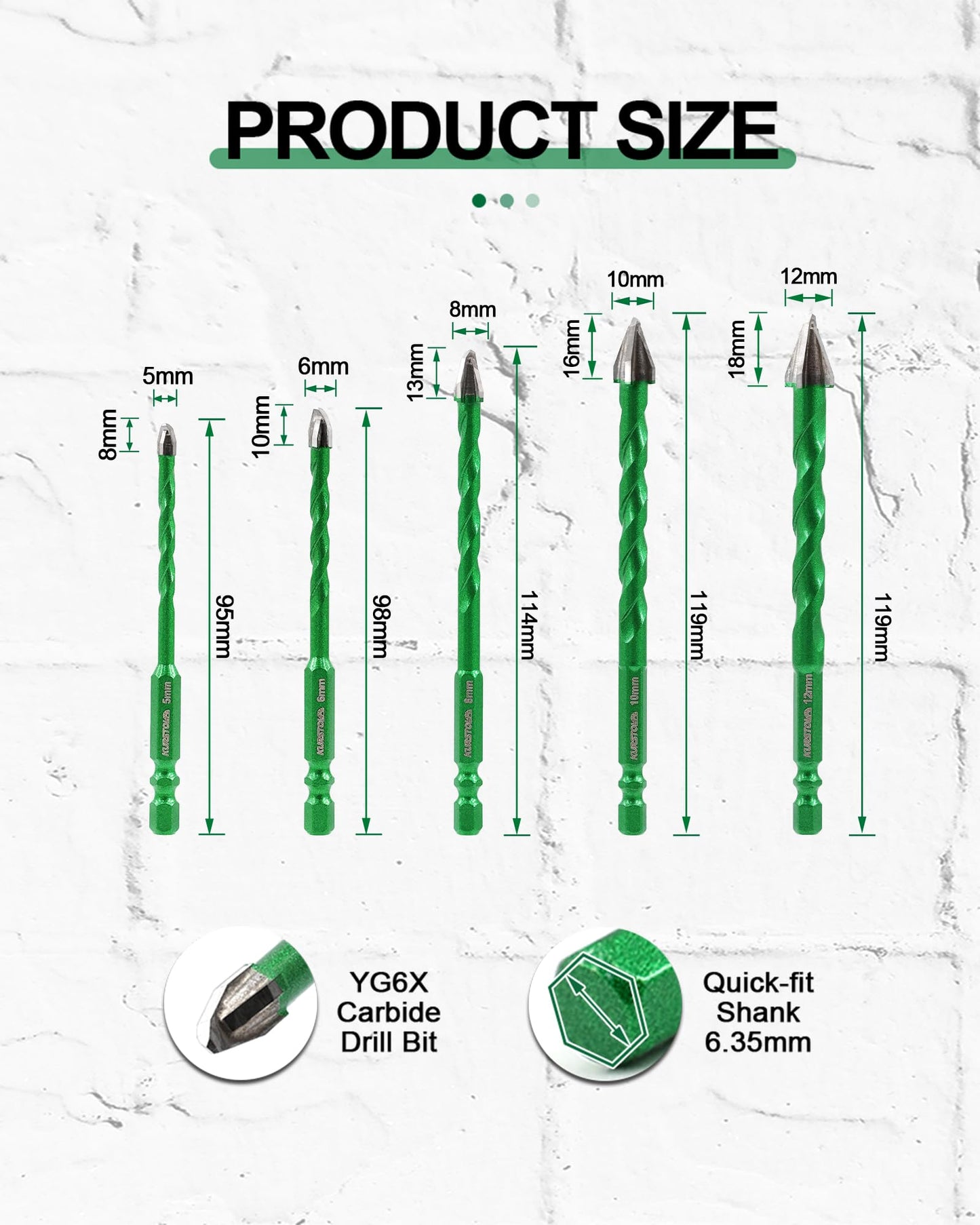KURSTOL Masonry Drill Bit Set, 5pcs 3/16”-1/2” Carbide Eccentric Drill Bit Quick Change Shank for Ceramic Tile Wood Plastic Masonry Concrete Glass