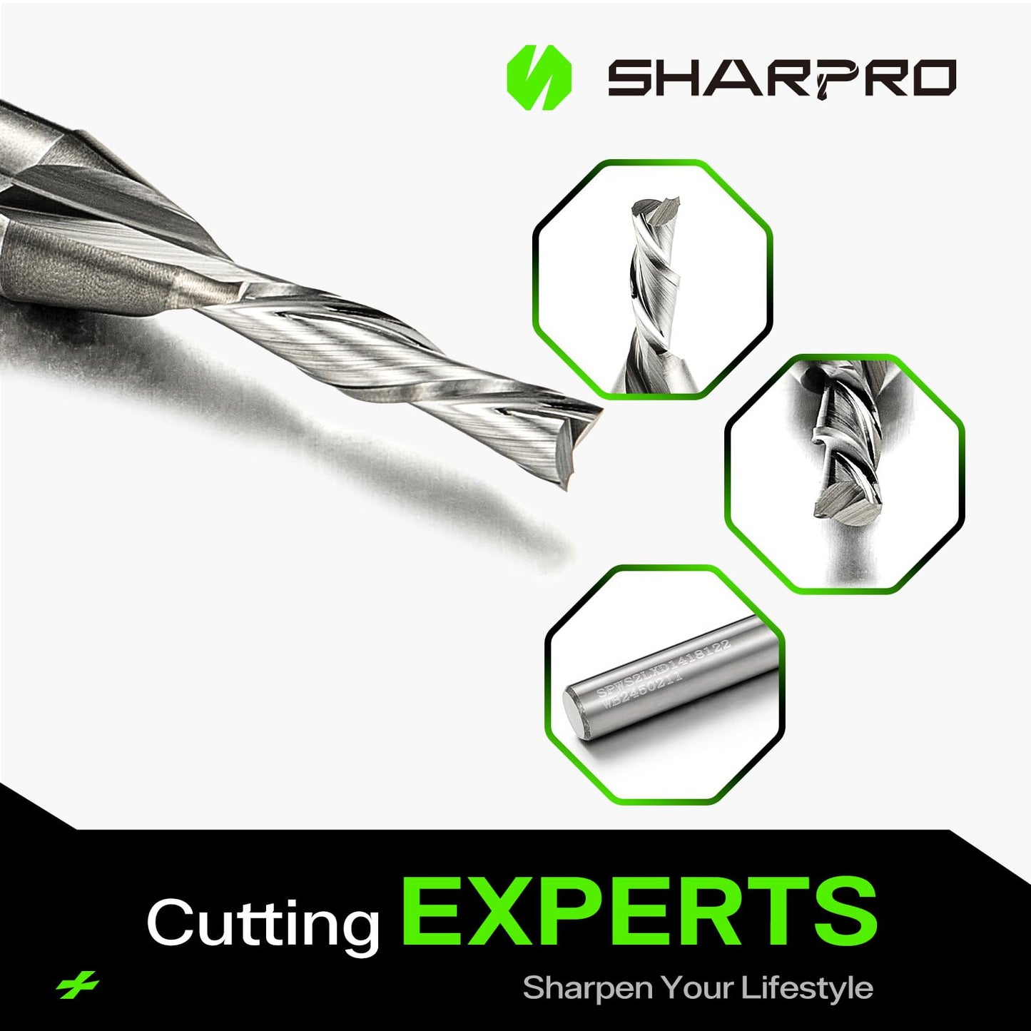 SHARPRO Downcut Spiral Router Bit 1/4 Inch Shank 1/8 Inch Cutting Dia. 1/2 Inch CL. 2 Inch OVL. Solid Carbide Down Cut CNC Bit, Ideal for Wood Cutting, Slotting, Engraving, Carving