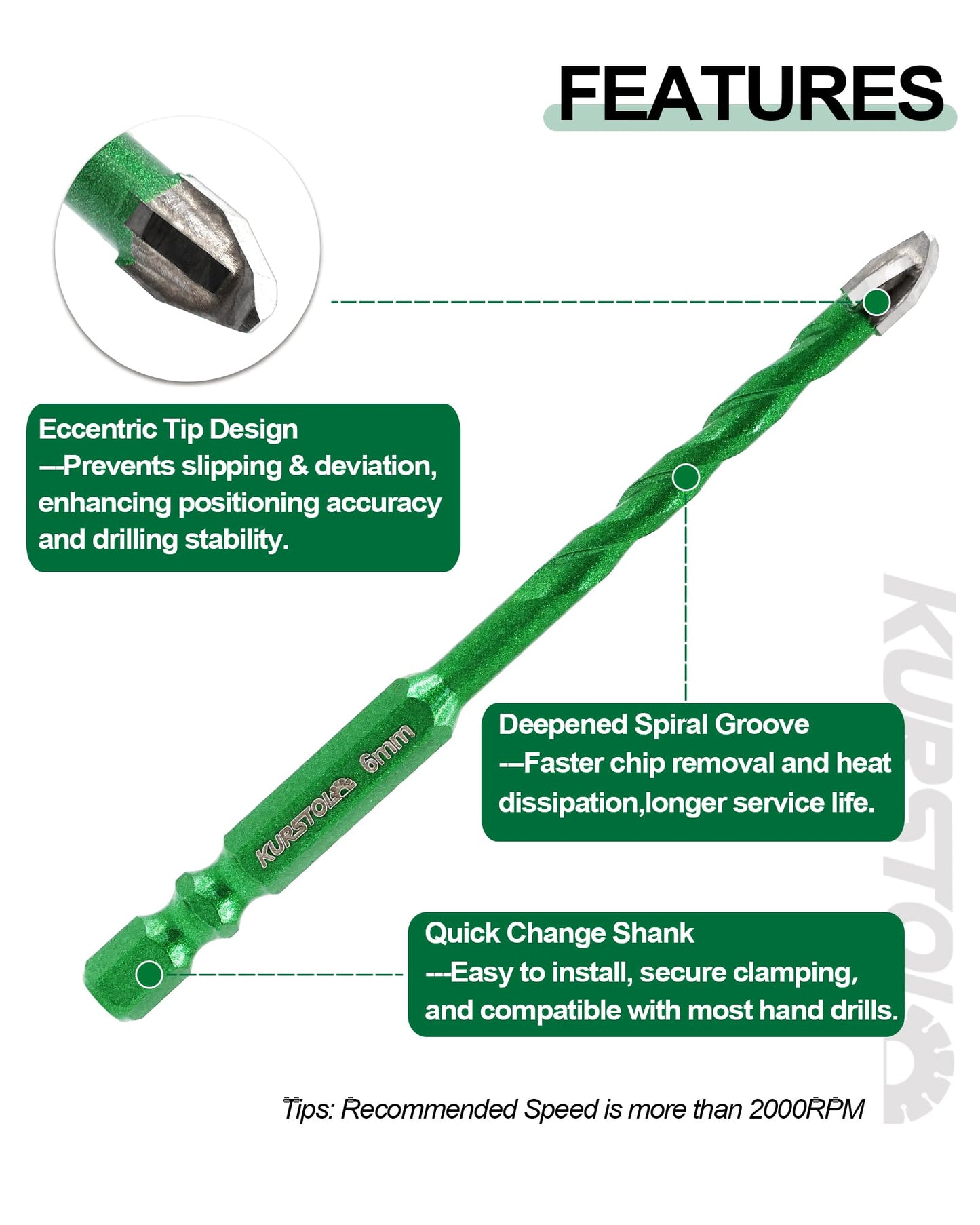 KURSTOL Masonry Drill Bit Set, 5pcs 3/16”-1/2” Carbide Eccentric Drill Bit Quick Change Shank for Ceramic Tile Wood Plastic Masonry Concrete Glass