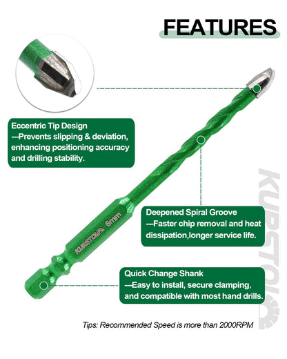 KURSTOL Masonry Drill Bit Set, 5pcs 3/16”-1/2” Carbide Eccentric Drill Bit Quick Change Shank for Ceramic Tile Wood Plastic Masonry Concrete Glass