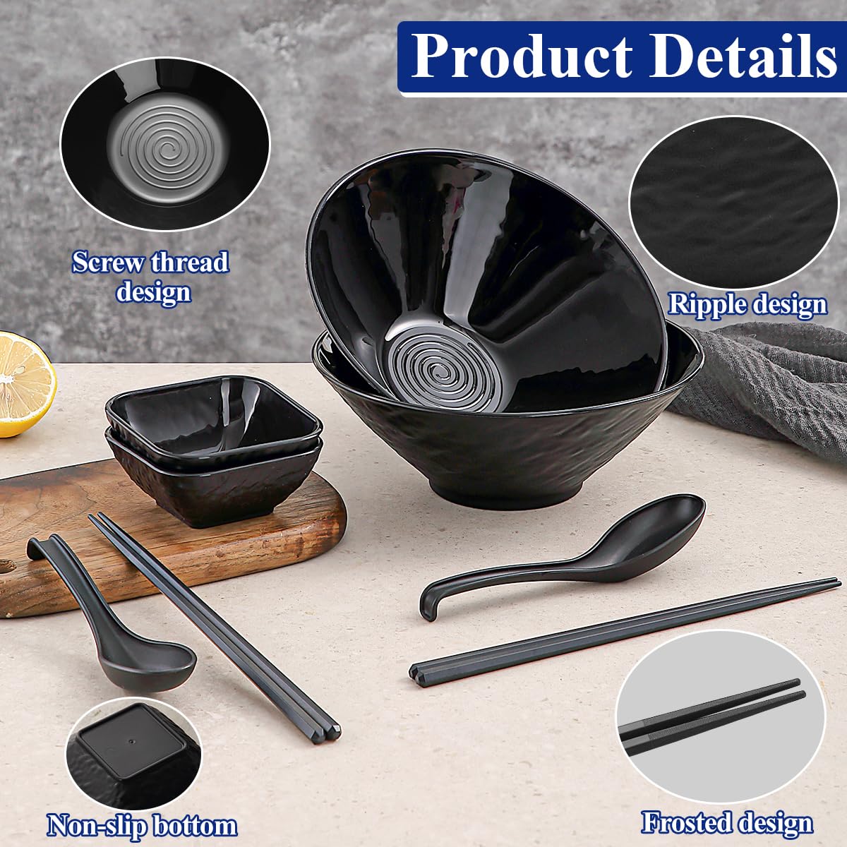 Berglander Ramen Bowl Set 1200mL of 2 with Dipping Bowls Chopsticks Spoons, Unbreakable Japanese Style Plastic Noodle Soup Bowls for Asian Pho Soup Thai Miso Udon Wonton