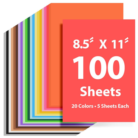 100 Sheets Colored Cardstock 8.5" x 11", 65lb 180gsm Bulk Construction Paper, 20 Assorted Bright Colors Card Stock for School Projects, Office Printing, DIY Crafts, Card Making & Scrapbooking