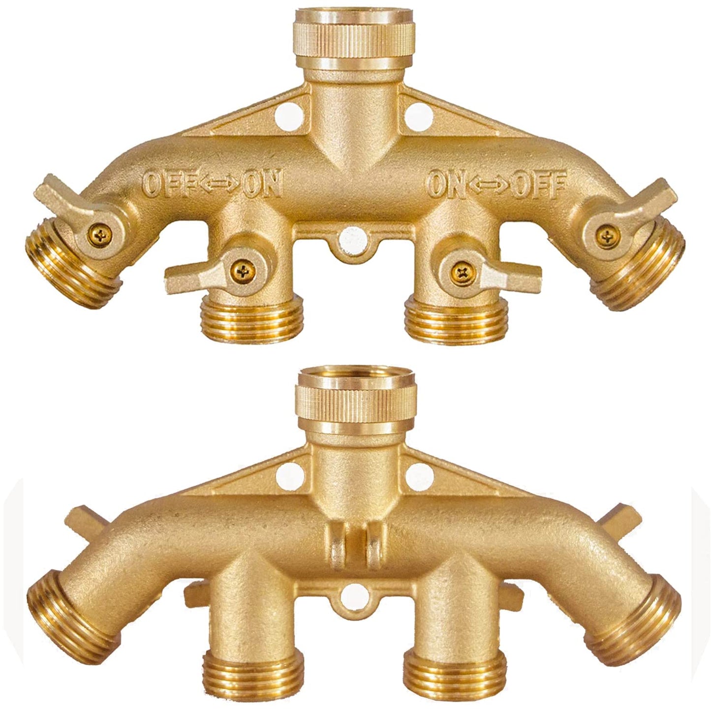 4 Way Garden Hose Splitter 3/4" GHT Solid Brass Hose Connector Heavy Duty Hose Spigot Adapter for Gardens/Home Life/Household Use with 4 Valves 8 Gaskets +2 Seal Tapes