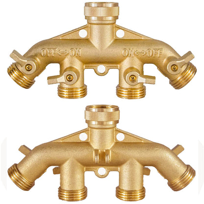 4 Way Garden Hose Splitter 3/4" GHT Solid Brass Hose Connector Heavy Duty Hose Spigot Adapter for Gardens/Home Life/Household Use with 4 Valves 8 Gaskets +2 Seal Tapes